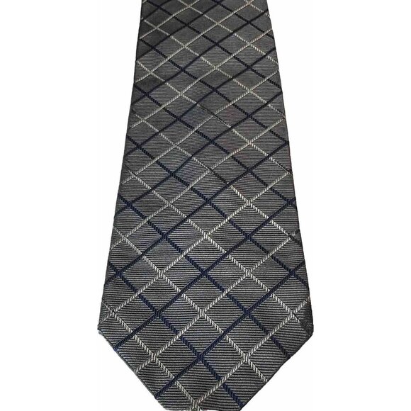 Brooks Brothers Power Silk Tie Gray Navy  Blue Plaid  Woven in England 3.75" - Picture 1 of 5